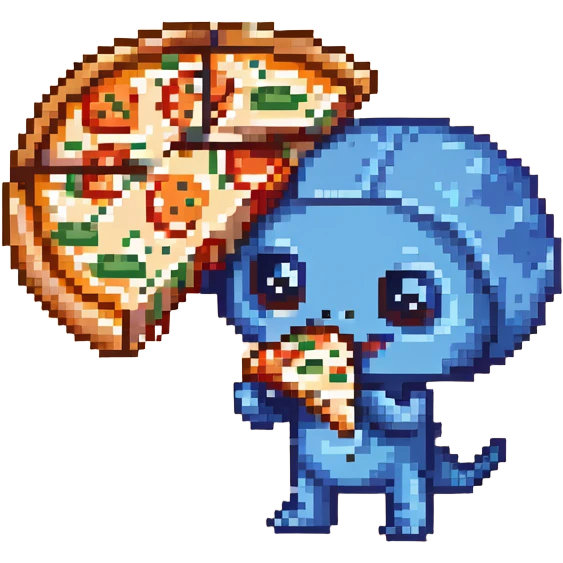 A cute blue alien happily munching on a slice of pizza emoji