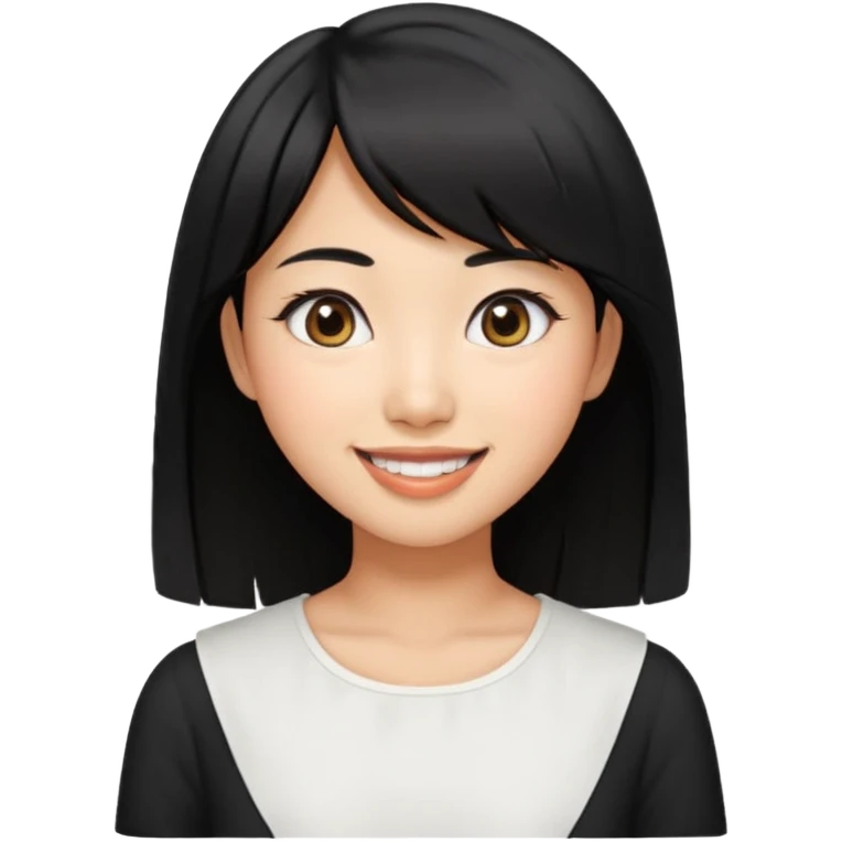 30 yr old asian woman center parted hair big eyes big smile tanned skin straight black hair hippie part hair white blouse shoulder length hair middle parted hair few short bangs at front trendy hair emoji