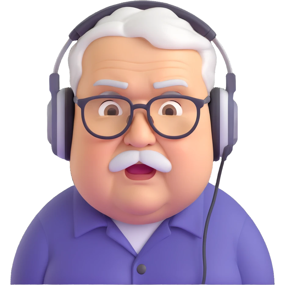 Very chubby brown old man with medium white hair, wearing glasses and headphones, looking surprised and angry, no facial hair, round full cheeks, double chin, looking to the upper left corner emoji
