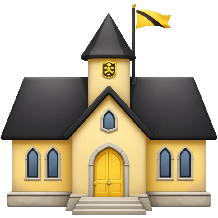 simple magic school, low detail, white background, magic school, black roof, with a big flag, big flag on a roof, big yellow flag, white school emoji