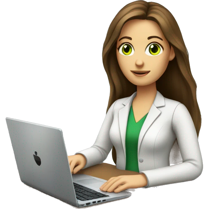 Female coding teacher featuring a laptop. She has long brunette hair, green eyes, white skin. emoji