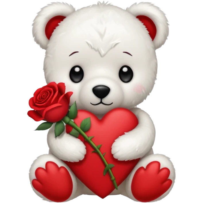 Cute white teddy bear with sad puppy dog eyes holding roses  emoji