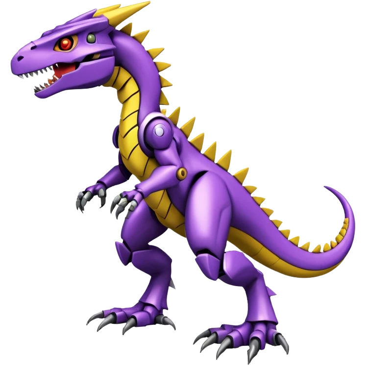 Cool Badass Futuristic Purple Yellow Digimon-Fakemon-Guilmon-Velociraptor-Dragon-Mecha full body emoji