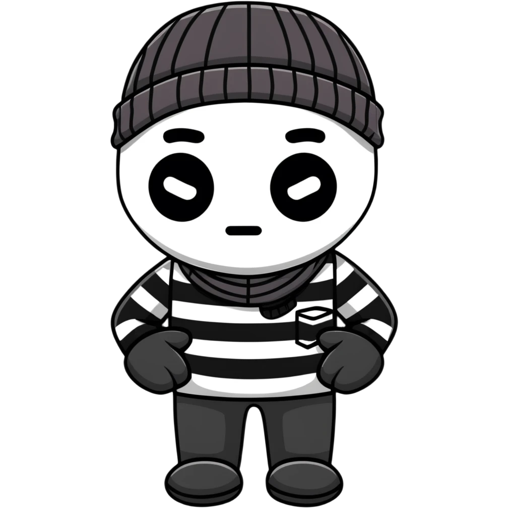character with black and white striped shirt, black beanie, black mask over eyes emoji