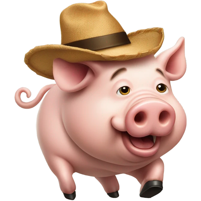 Pig chasing a person with cotelette beard and a small round hat on the back of his head emoji