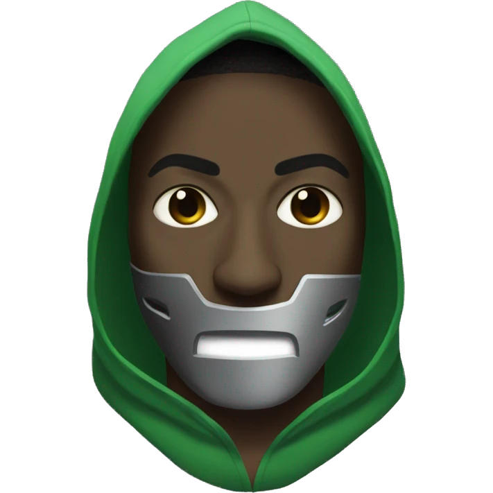 a black male with a green hoodie and mf doom mask emoji