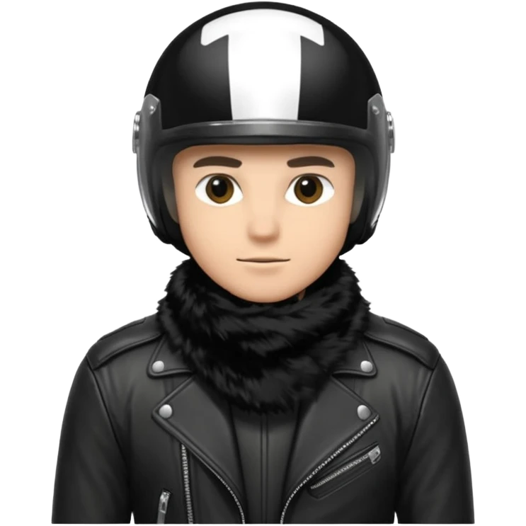 un homme avec un casque de moto totalement noir avec une écharpe en fourrure noir une chemise blanche et une jacket noir emoji