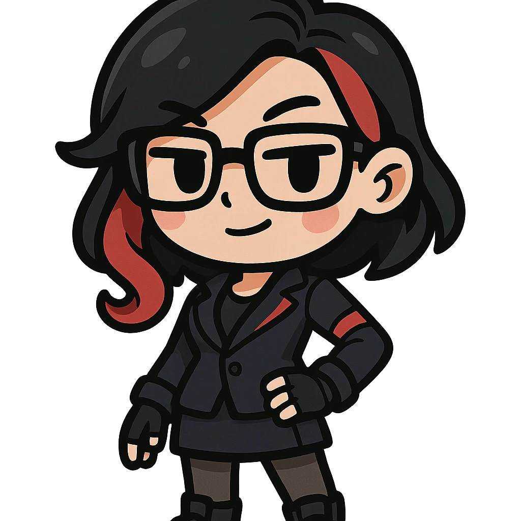 character inspired by Fortnite's Undercover Kor, featuring her signature black and red hair and typical glasses, in Jiiby-Style emoji
