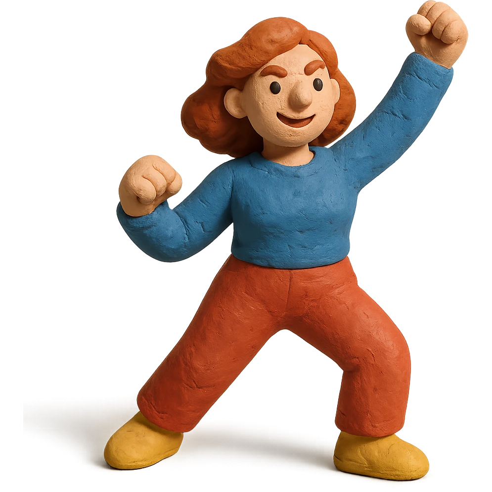 claymation style empowered adult woman, playful pose emoji