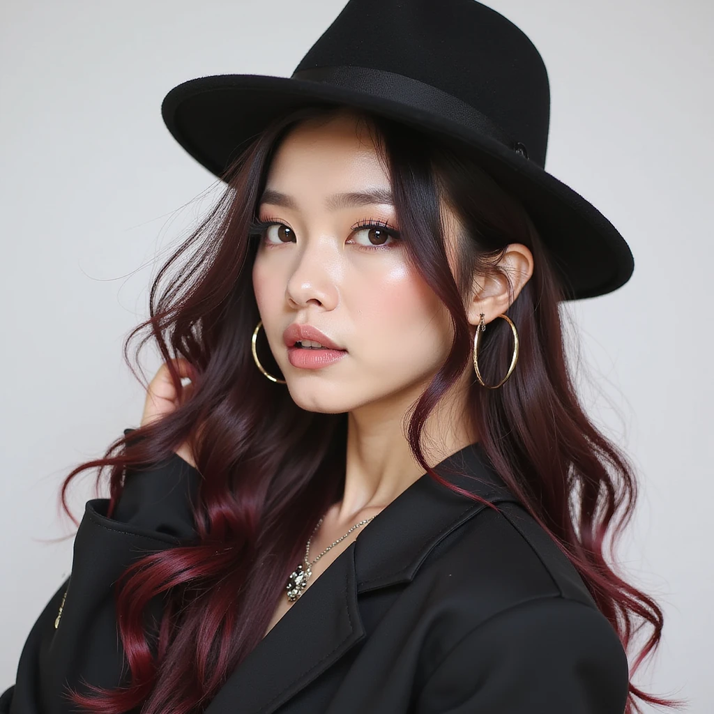 realistic portrait of a K-pop idol inspired by Blackpink, photorealistic style, bold stage makeup, trendy hairstyle, confident pose emoji