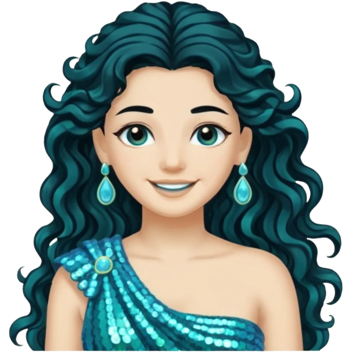 Salacia, Goddess of Seawater from Roman Deities with long jet black wavy hair, aquamarine sequin toga  emoji