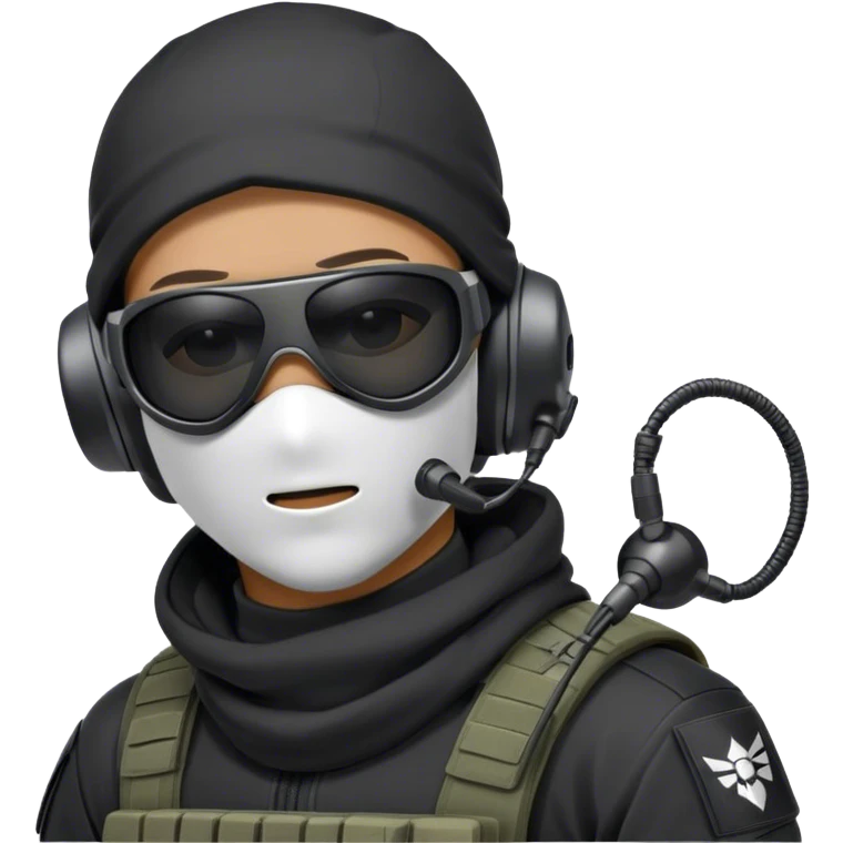 Futuristic special forces soldier wearing a white full-face balaclava, black wraparound sunglasses, and a high-tech military headset with a microphone. Dressed in a dark hoodie. emoji
