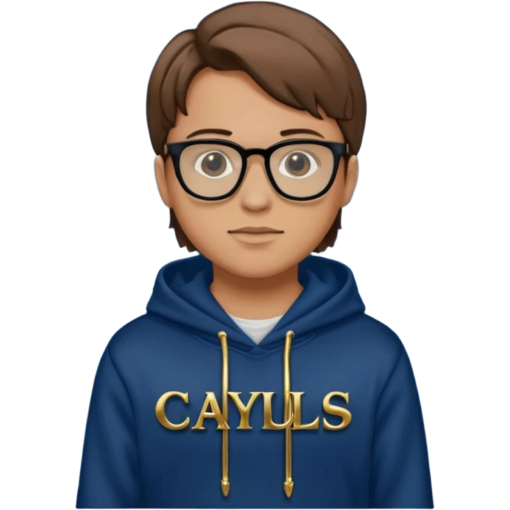 Brown hair with black glasses and a dark blue hoodie that says caylus kingdom with black pants and a gold chain emoji