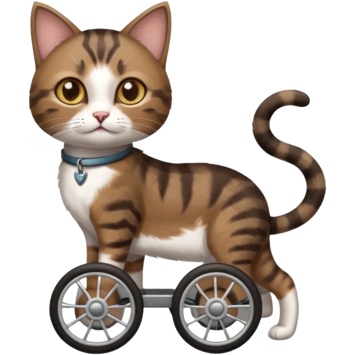 full body small short hair dark brown and white cat with hazel eyes walking in a wheelchair for cats emoji
