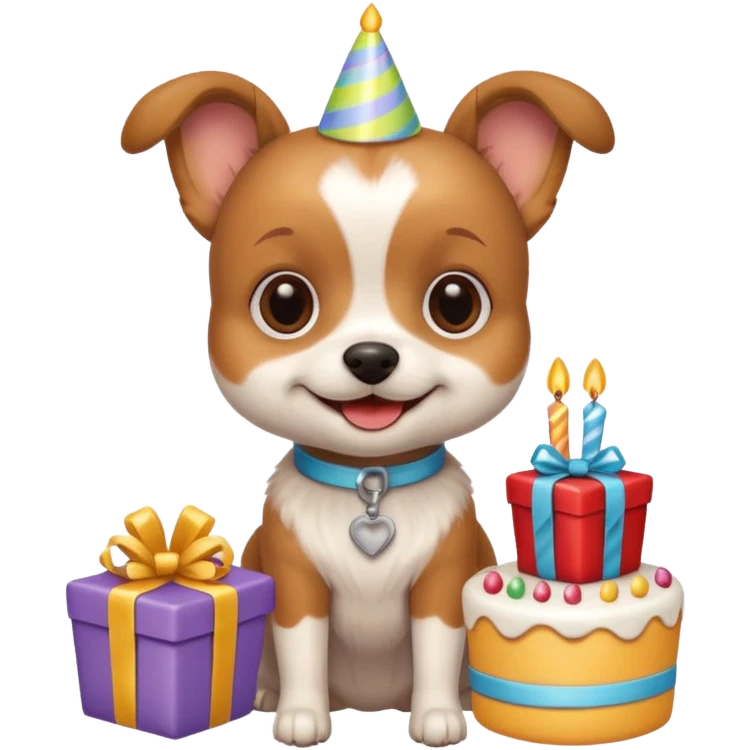 small dog with birthday cake and presents, smiling emoji