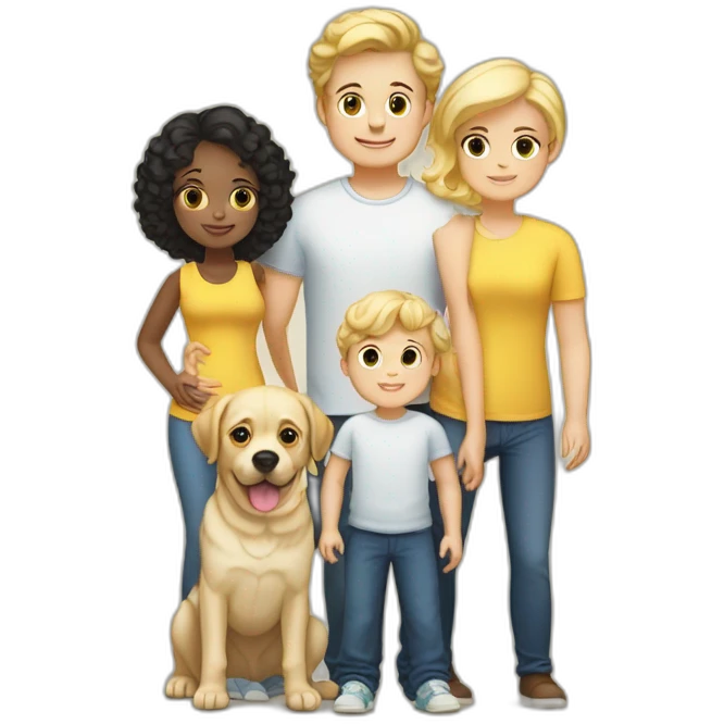 A familia husband and wife a boy of 7 with blond hair another boy of 5 with black hair a baby girl 14 month with blond curly hair, a yellow Labrador and a white pugg emoji