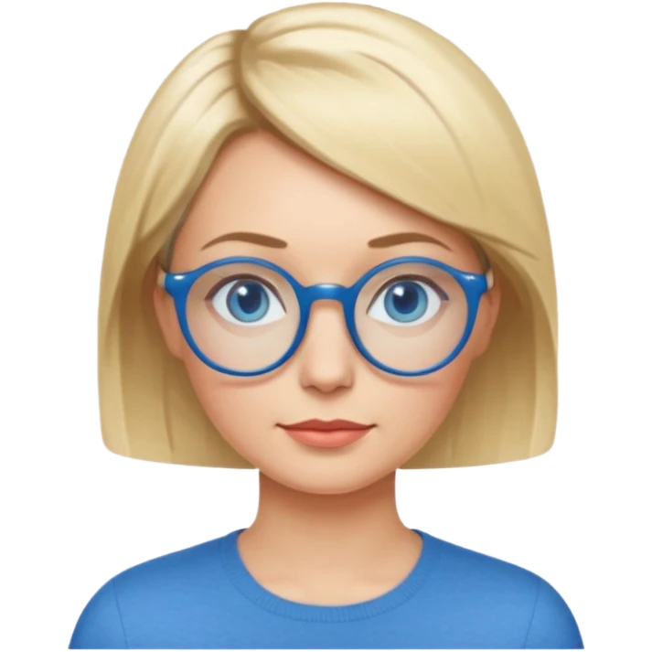 femme 40 ans cheveux courts garçon blond avec raie sur le coté, yeux bleu et lunettes rondes bleues emoji