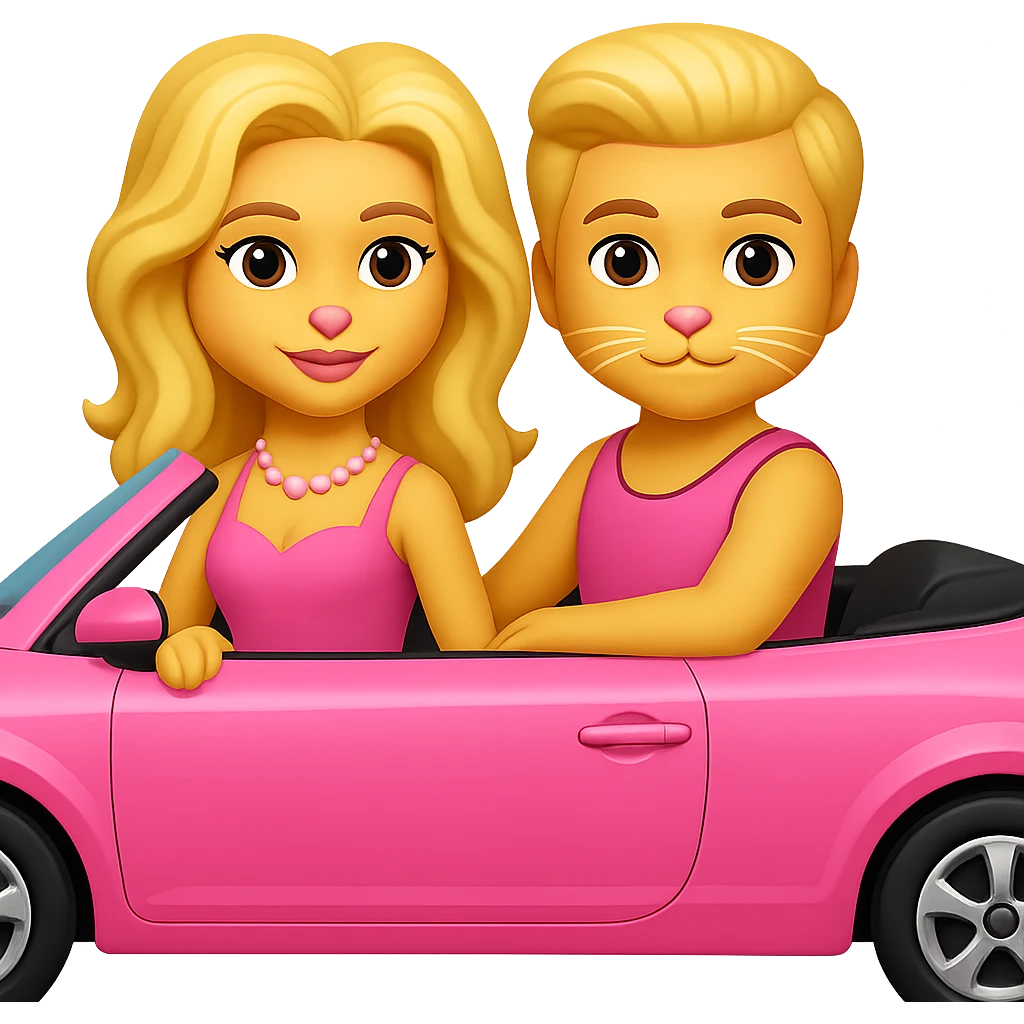Add Barbie and Ken style wigs to both cats, keep them in a pink convertible, emoji style, no background. The style should resemble emoji style with bright colors and simple shapes. emoji