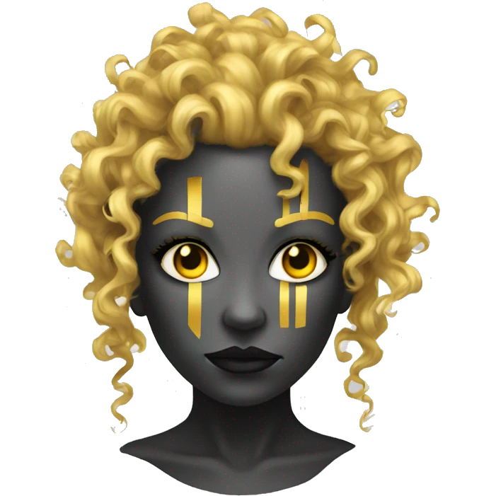 black metal female cyborg head with yellow gold curly hair emoji