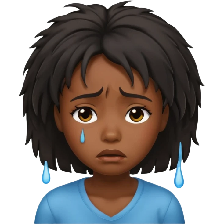 sad crying black girl with straight messy hair, iOS memoji style, expressive face, tears emoji