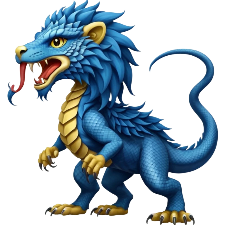 Mušḫuššu, ancient Mesopotamian hybrid, blue scaled body, lion mane, lion forelegs, eagle hind legs, long neck, head half dragon half lion, lizard tail, snake tongue, no wings, divine and terrifying emoji