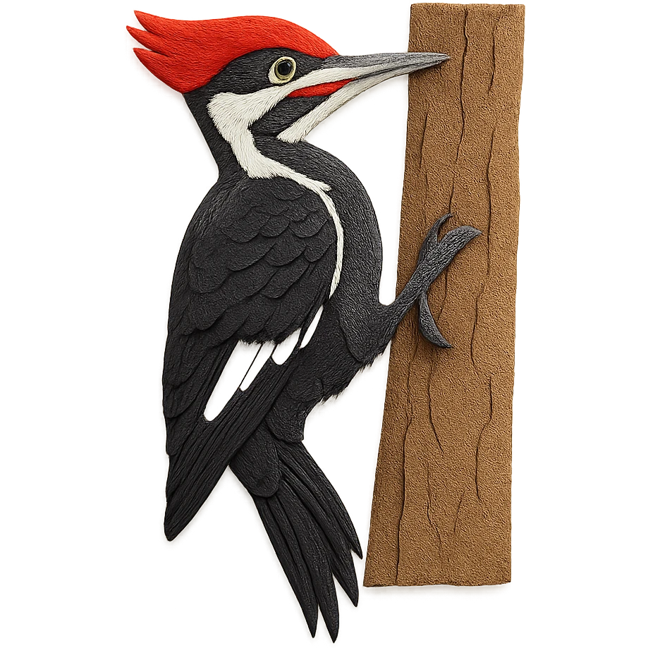 very detailed Pileated Woodpecker perched on a tree trunk, intricate cut paper textures, bold black and white feathers, bright red crest, realistic markings emoji