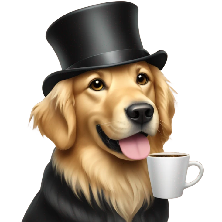 Golden retriever wearing top hat drinking coffee emoji
