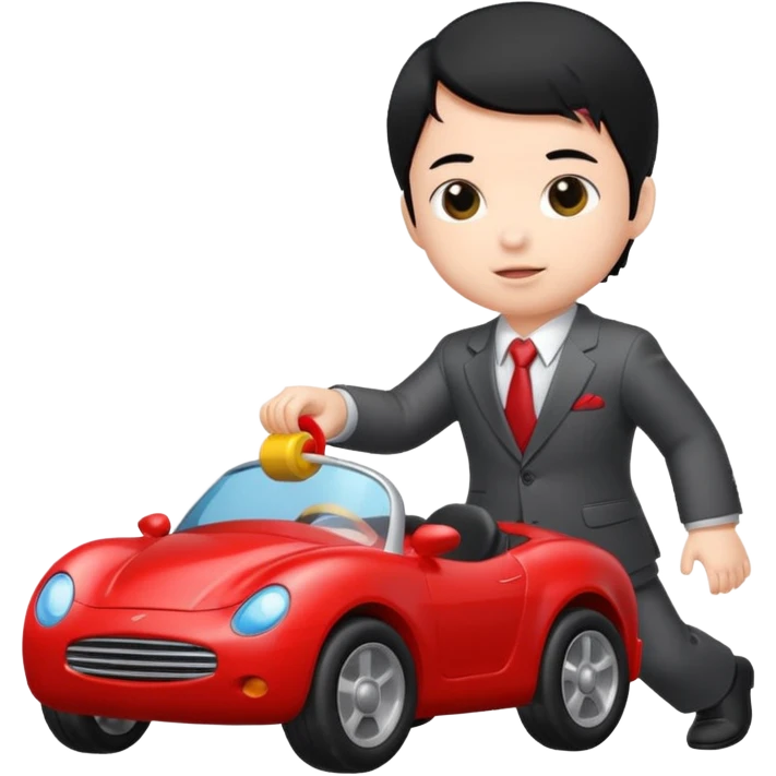 black haired baby playing car toy, wear suit emoji