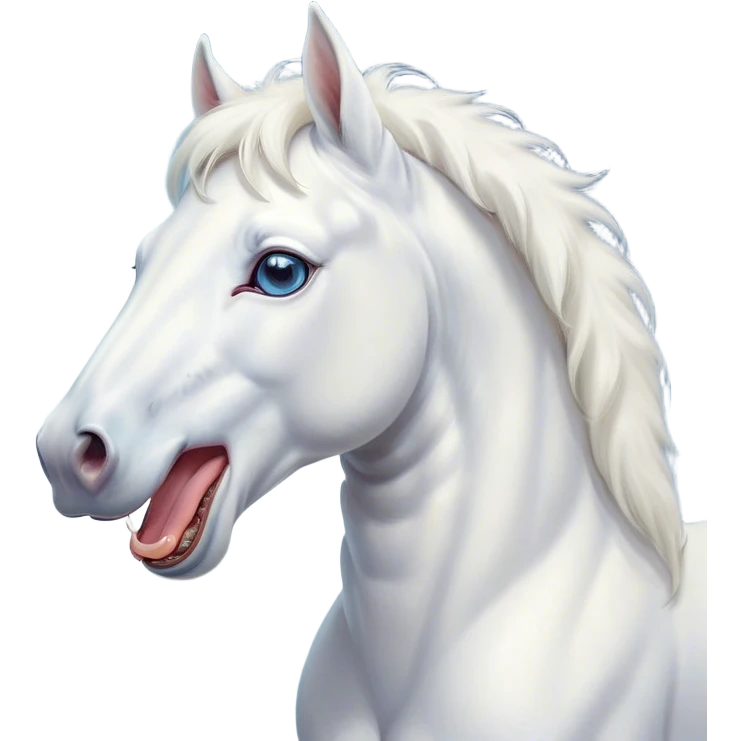 Cinematic Cute Yawning White Horse Portrait Emoji, Head tilted slightly with a dramatic, wide-open yawn, revealing a soft white fur with a subtle shimmer, floppy ears slightly drooping, round blue eyes barely open in drowsy contentment, Simplified yet irresistibly adorable features, highly detailed, glowing with a soft, cozy glow, high shine, relaxed yet expressive, stylized with a touch of whimsy, bright and endearing, soft glowing outline, capturing the essence of a sleepy yet affectionate horse, so drowsy it feels like it could stretch out of the screen and curl up for a nap! emoji