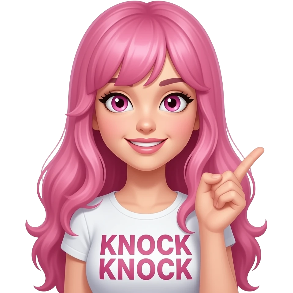 sexy girl with long pink hair and pink eyes wearing a holding a KNOCK KNOCK sign emoji