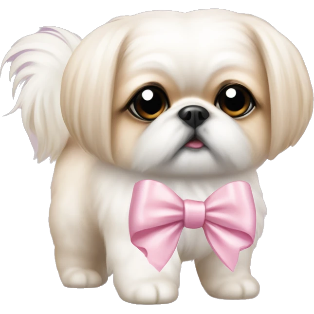 light pink ribbon bow on cute white Pekinese  emoji
