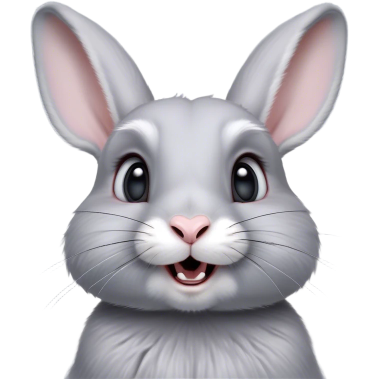 Cinematic Comical Grey Rabbit Portrait Emoji, Head tilted dramatically with an exaggeratedly amused expression, featuring a striking grey fur with subtle textures, wide, expressive grey eyes filled with playful disbelief, Simplified yet hilariously expressive features, highly detailed, glowing with a slightly sassy glow, high shine, dramatic yet playful, stylized with an air of cheeky mischief, bright and endearing, soft glowing outline, capturing the essence of a spirited and over-the-top bunny, so meme-worthy it feels like it could side-eye its way into internet fame instantly! emoji