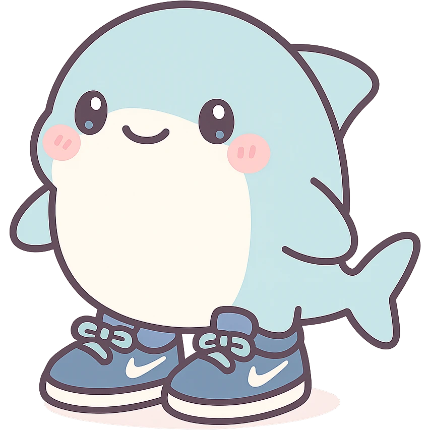 a cute shark with blue Nike shoes, kawaii style emoji