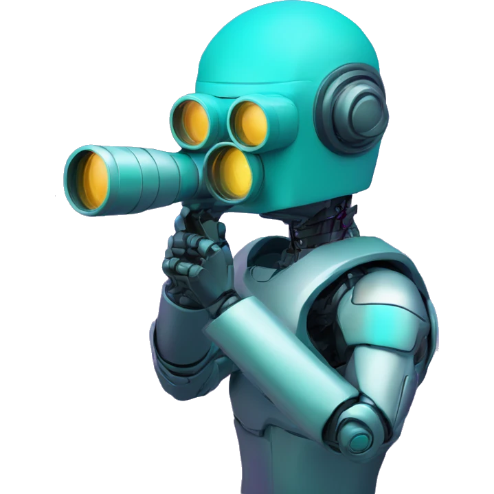 Secret half man half robot agent with a spyglass looking reviewing multicolor lines of code, cyan and purple colors emoji