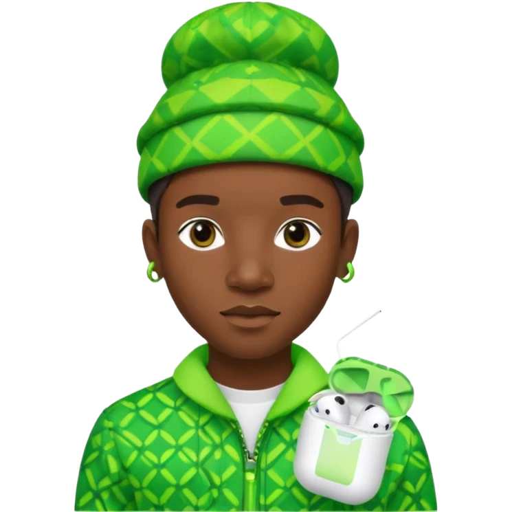Create me an detailed emoji of a cool Young Nigerian prince wearing a neon green gradient African patterns with  a hat (a Nigerian-inspired patterned hat) and apple airpods emoji