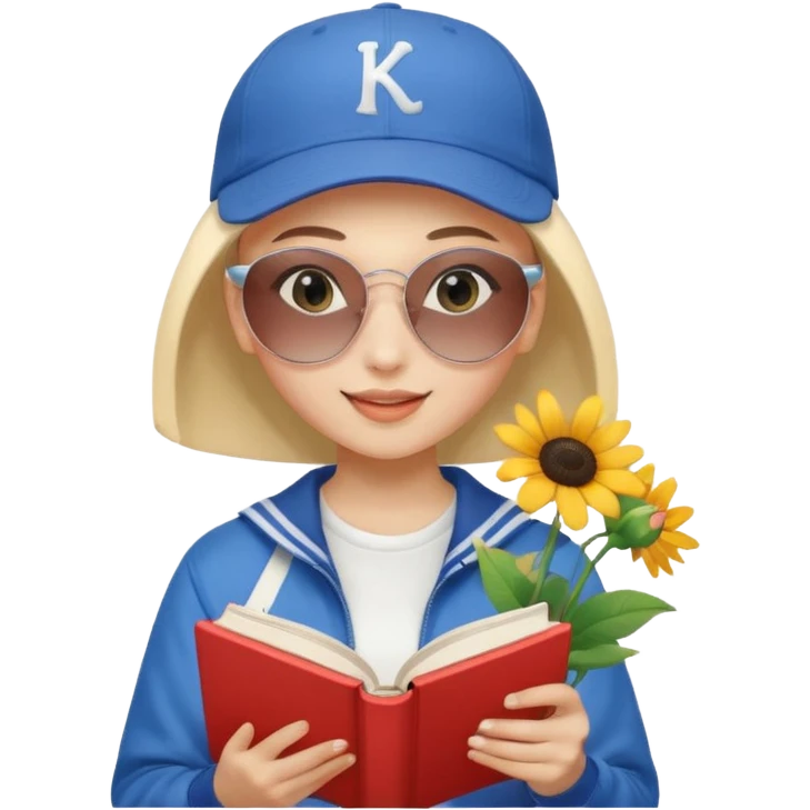 ["A happy girl with light skin, bald, wearing a baseball cap and sunglasses, dressed in K-pop fashion, is reading a book while holding a flower bouquet."] emoji