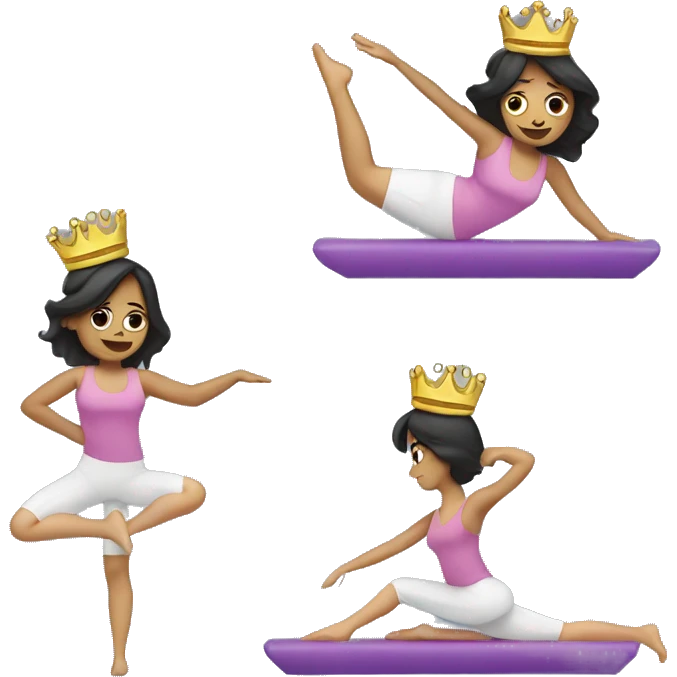 Woman doing Pilates in weird position, with a princess crown and dark hair emoji