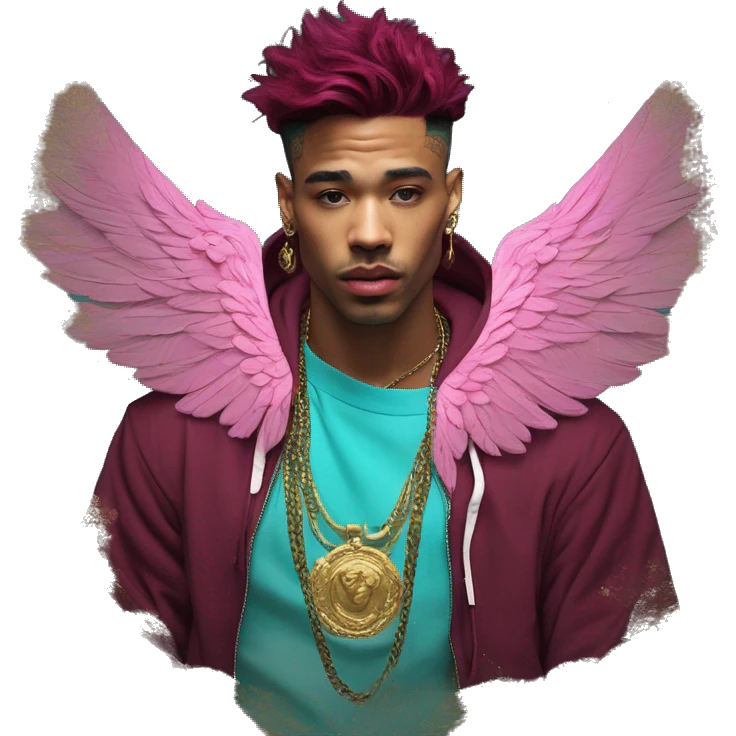Vintage patina intricate swirls gold jewellery baroque raven wings angel tropical Deep pink maroon burgundy cyan dark hoodie man vitiligo dyed hair gold piercings nose piercing ear piercings emoji