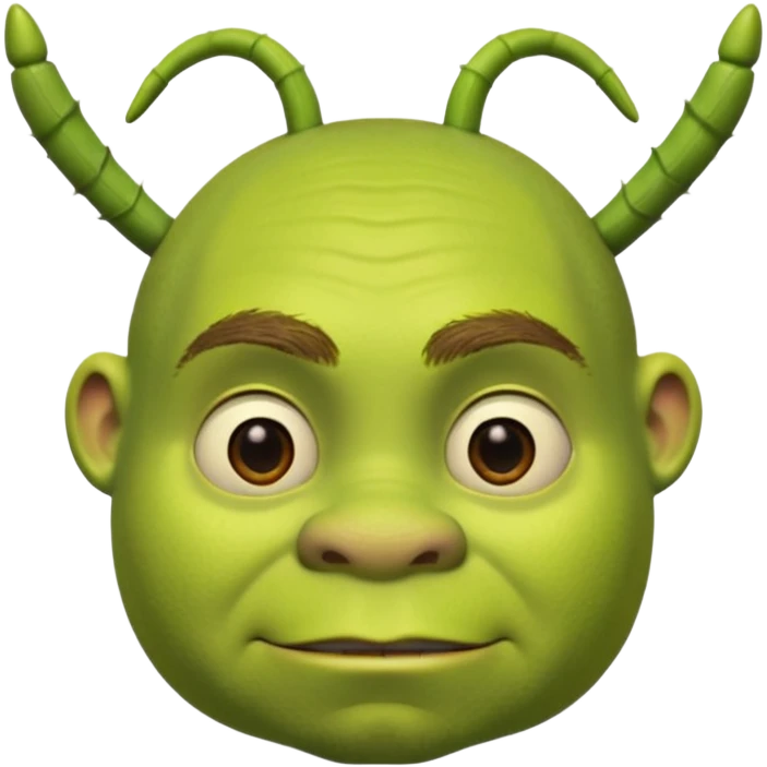 Shrek avec deux petites antennes-oreilles cylindriques plantées de chaque côté de la tête : elles sont courtes, épaisses, avec une ouverture ronde à l’extrémité.
 emoji
