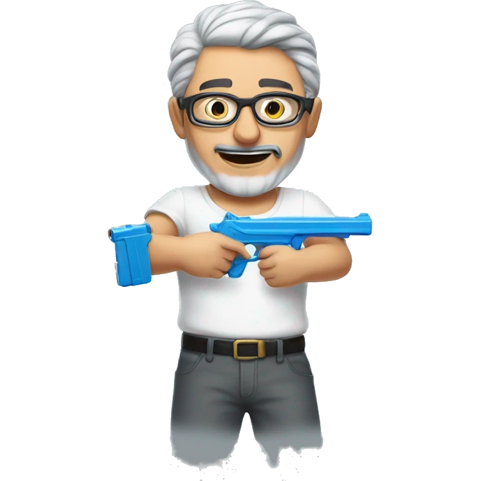 Turkish man with grey hair and protective glasses and white t-shirt aiming a water gun with one hand  emoji