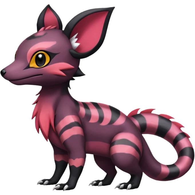 Rare epic aesthetic colorful Salandit-Noibat-Eevee-Civet-species-Fakemon-hybrid-creature, with markings, full body emoji