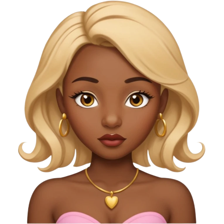 darkskin female with eyebrows that are naturally shaped and frame eyes well, eyes that are almond-shaped with defined lashes. nd lips are full with a defined cupid’s bow, add also a septum piercing that adds an edgy, stylish flair. a middle-part, honey blonde bust-down with laid baby hairs emoji