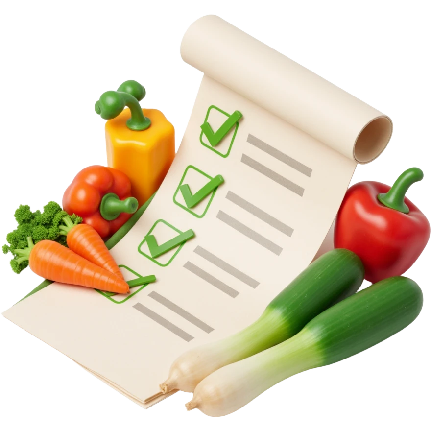floating rolled paper list with green checkboxes and around vegetables emoji