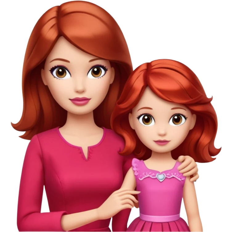 A barbie girl with makeup with brown hair with a baby, a daughter, a girl with red hair, holding her hand in red clothes emoji