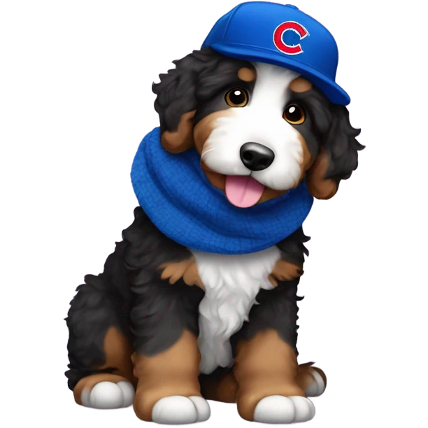 Bernedoodle with chicago cubs hat and scarf emoji