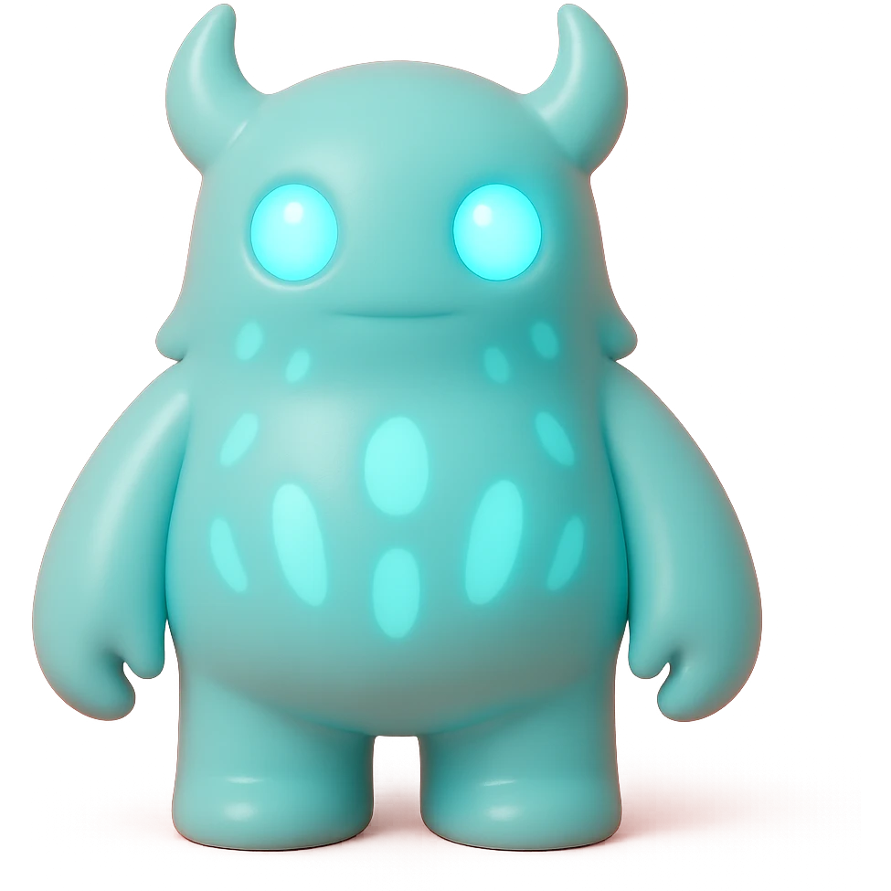 monster with glowing blue eyes and bioluminescent patterns on its body, dark background, toy-like emoji