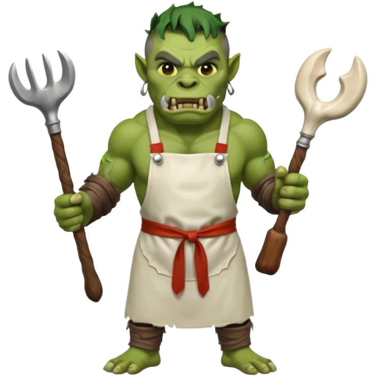 orc make Apron with "Kiss the Cook" (scratched out, replaced with "Fear the Cook"), giant rib bone as a weapon. emoji