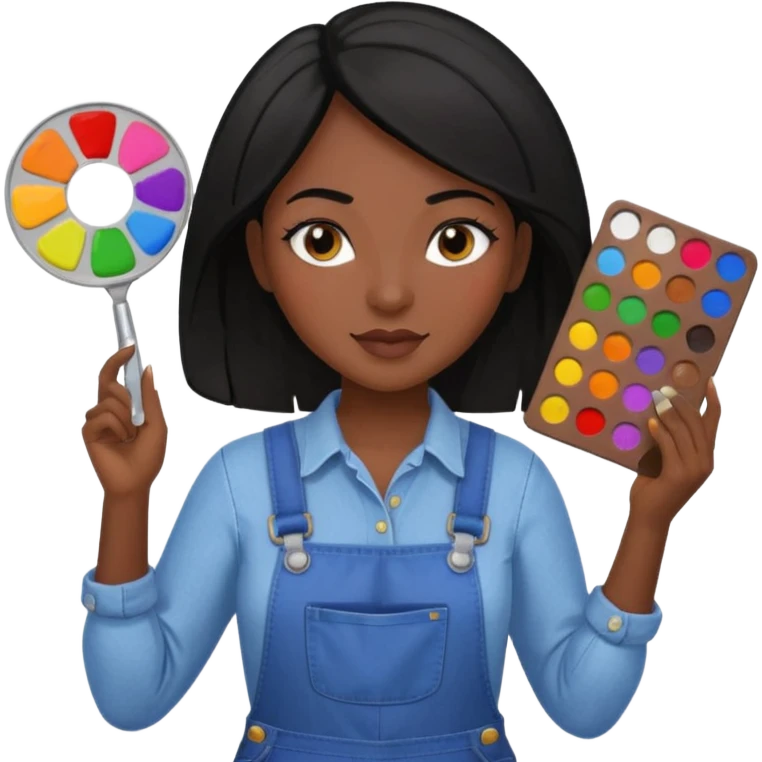 Créame emoji de una mujer que sea diseñadora industrial, pelo negra, piel morena, femenina con overol y una paleta de colores o herramientas de taller piel oscura chocolate  emoji