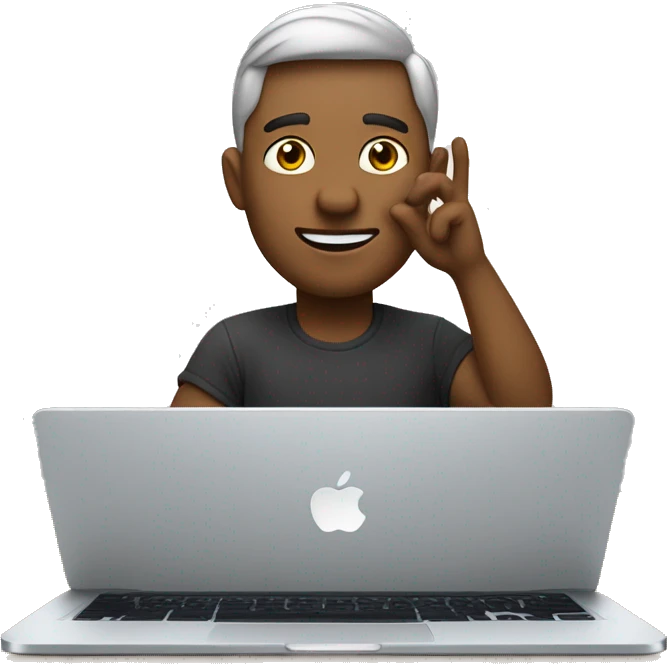 Developer looking at the camera and waving while sitting in front of the apple laptop. emoji