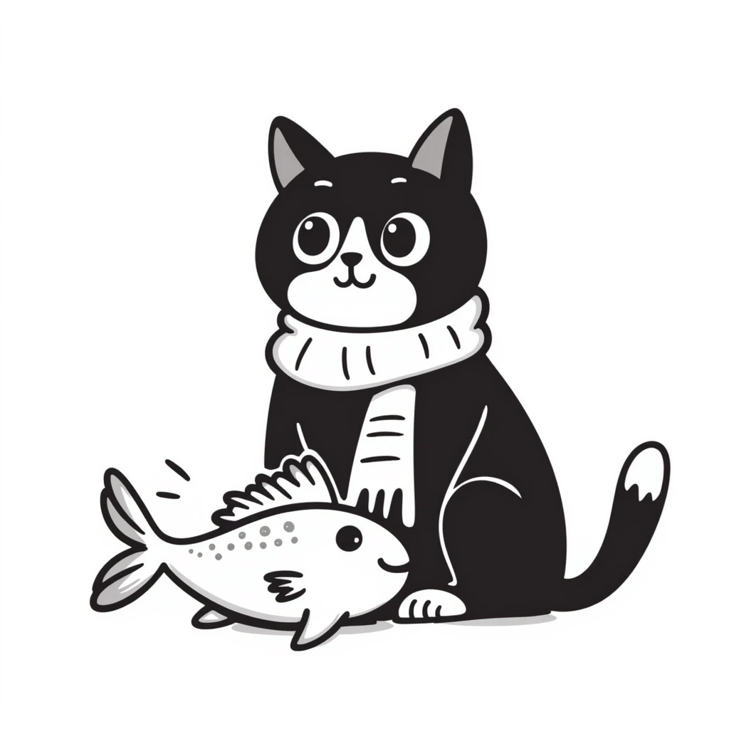 a funny Taiwan cat eating fish, hand drawn doodle style emoji